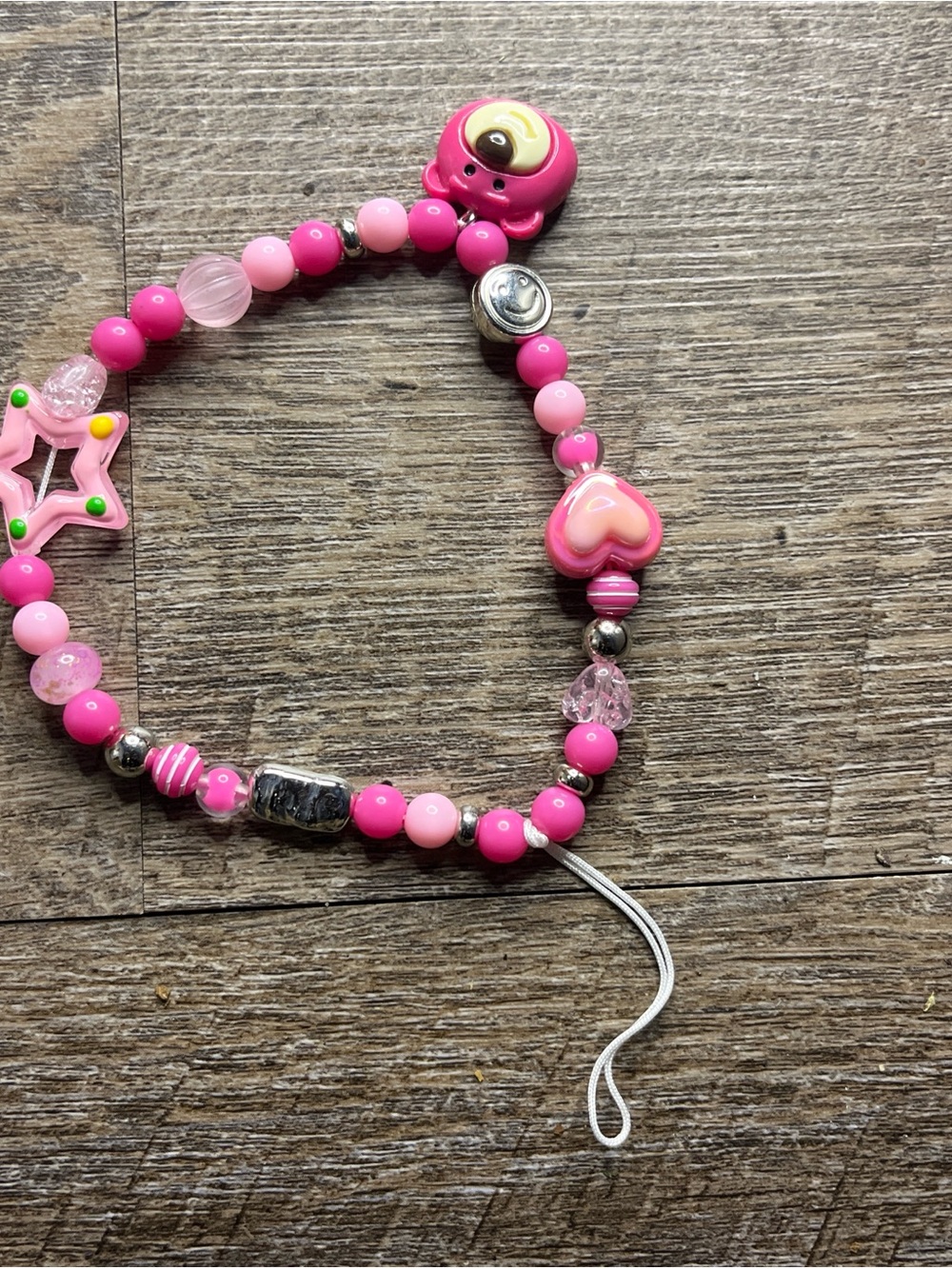 Pink Beaded Phone Charm with Heart & Star Accents